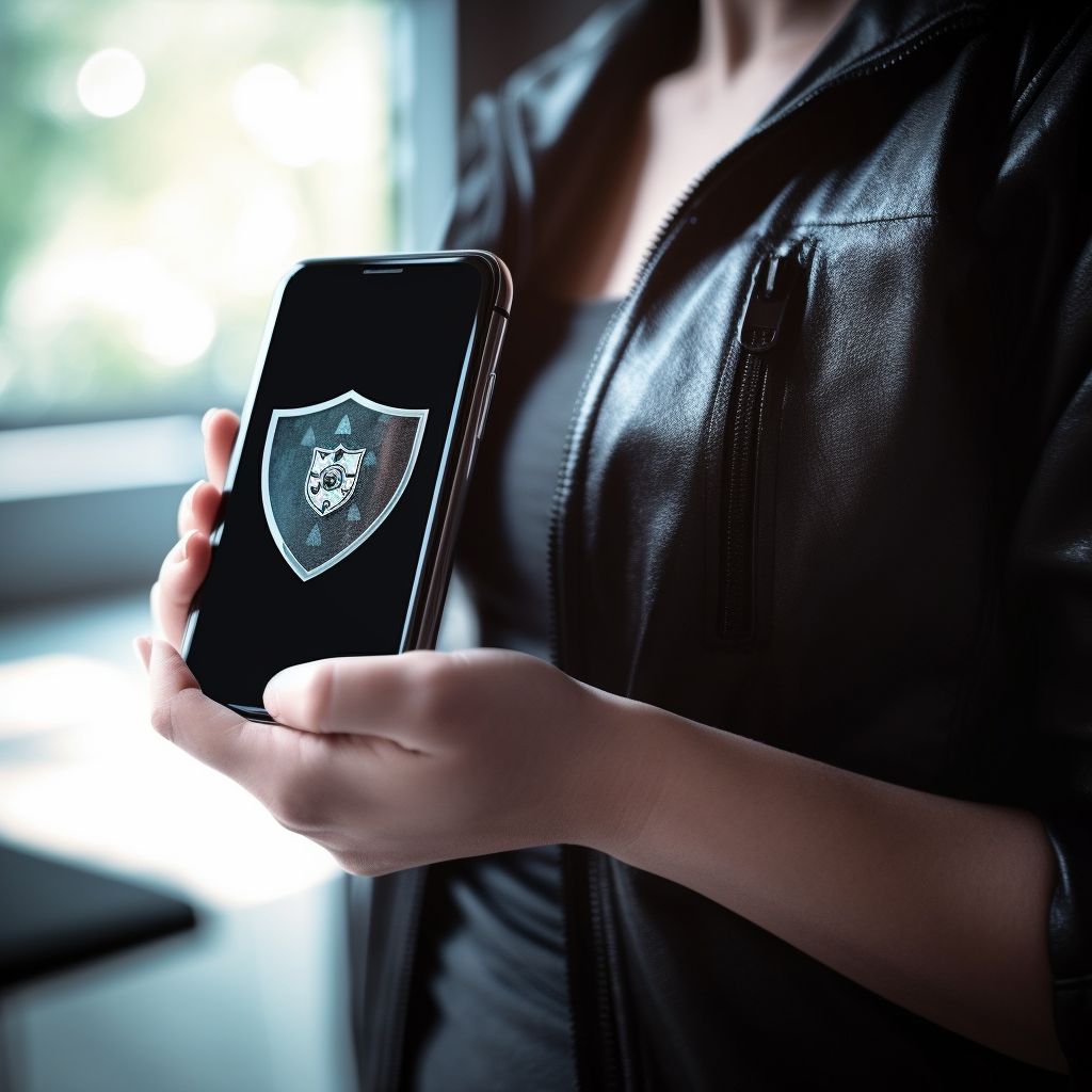 a person holding an iphone with a security shield en 1c9b03cb 8f87 47ac 9233 620ea6eca8ad
