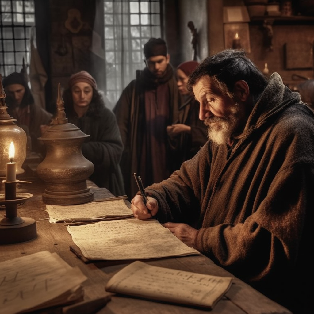 middle ages merchant taking signatures