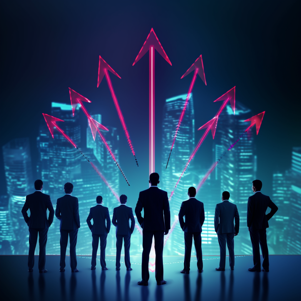 Corporate men standing on an their own respective arrows be9a7586 ba45 4f4d a49d 45320119ff28