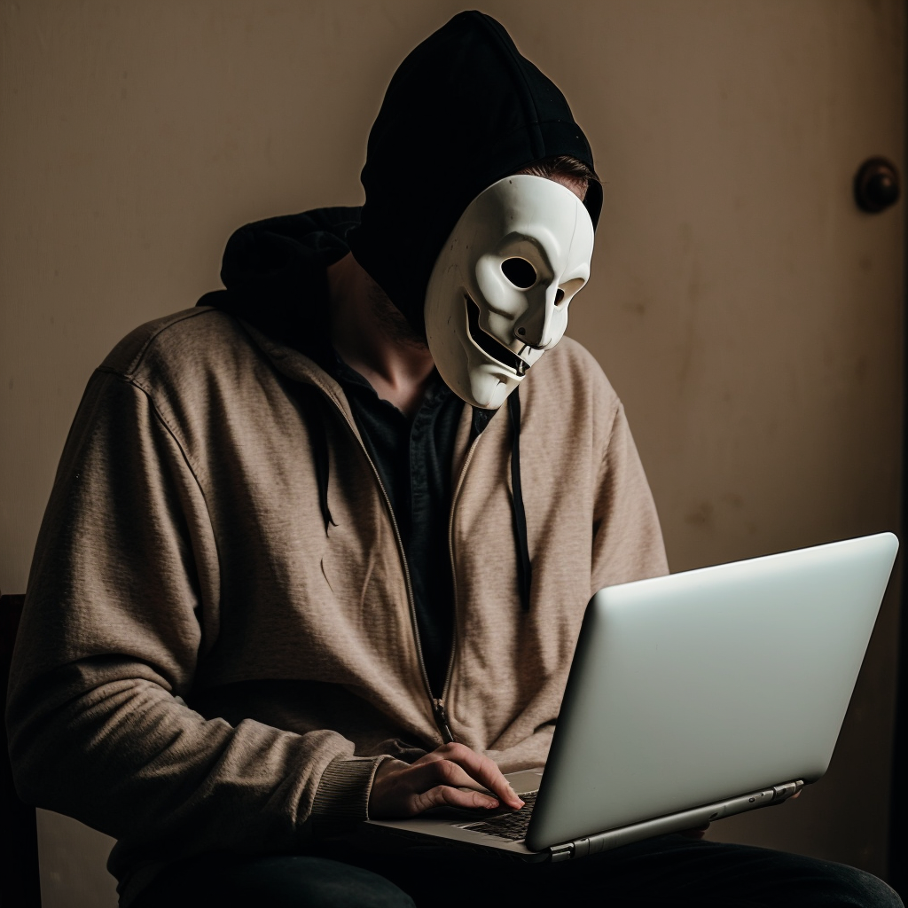 fraudster holding mask of a person while using a laptop ddc1eaaf 17ae 4567 9663 94b64be69fdc