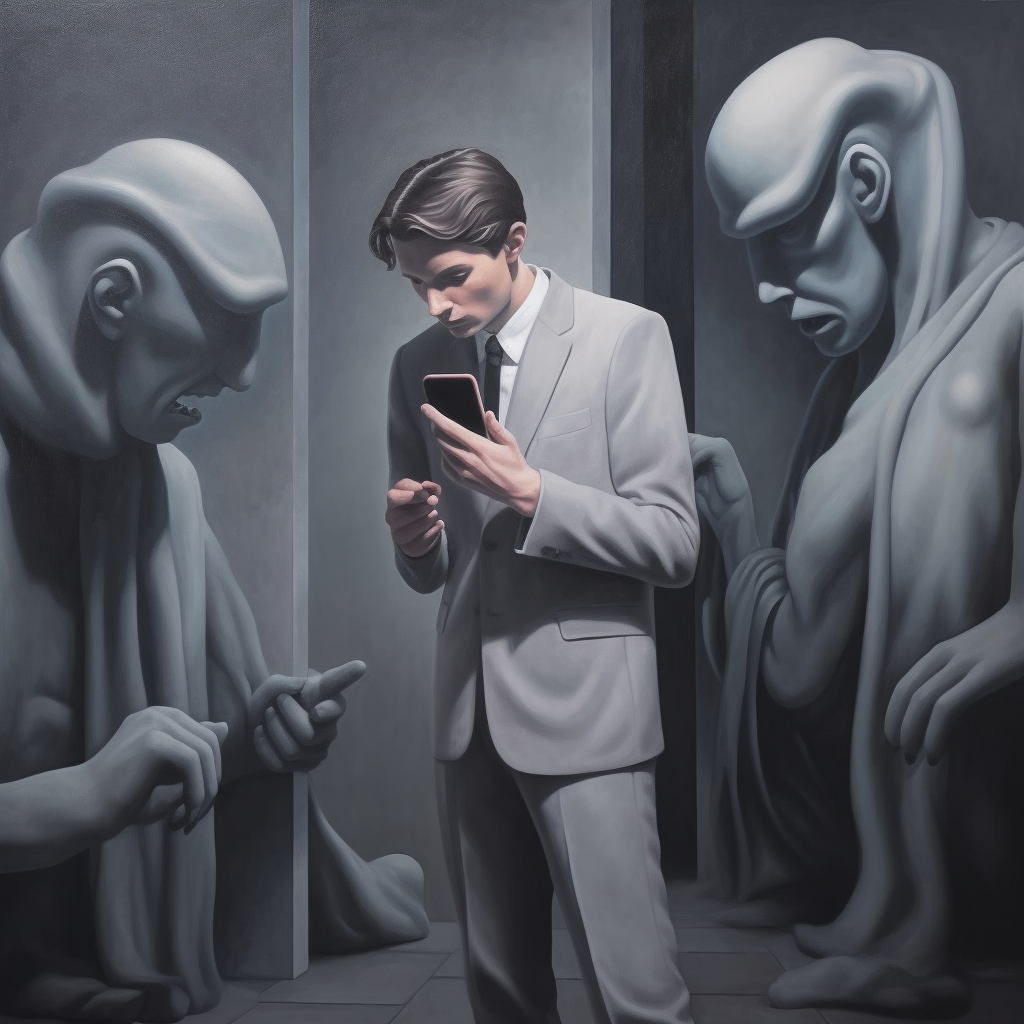 person scrolling thru phone with looming figure in the b d399fe04 e77c 427f 8c39 81aaf11ae5a6