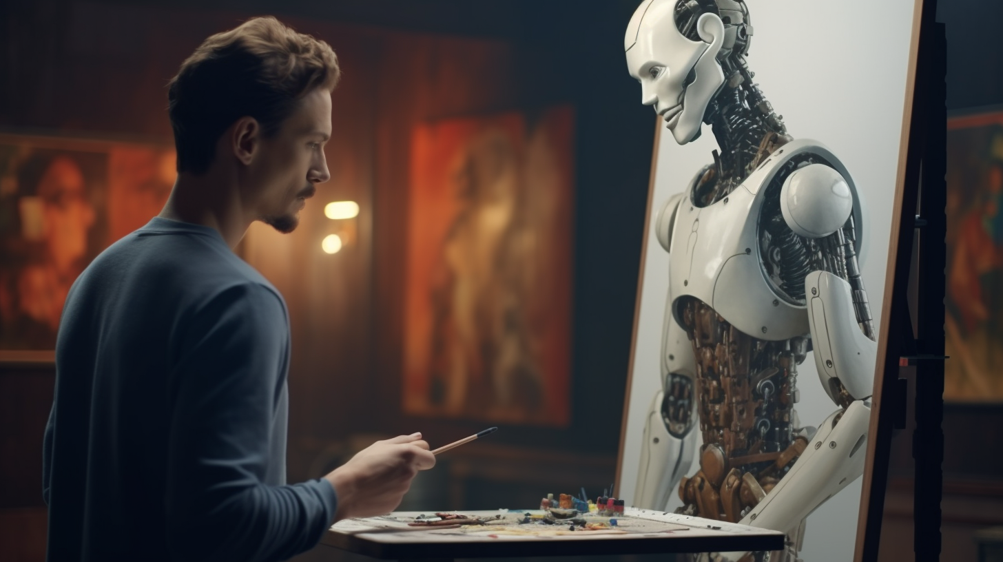 human artist working on a canvas robot standing next to eaa87d9a 2ac0 4a88 9c38 f83e37318044