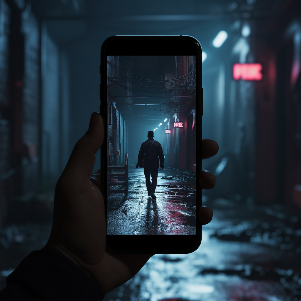 person holding phone walking through a dark alley strang c807fe59 cfaf 43fd b515 5dbd22ff00aa