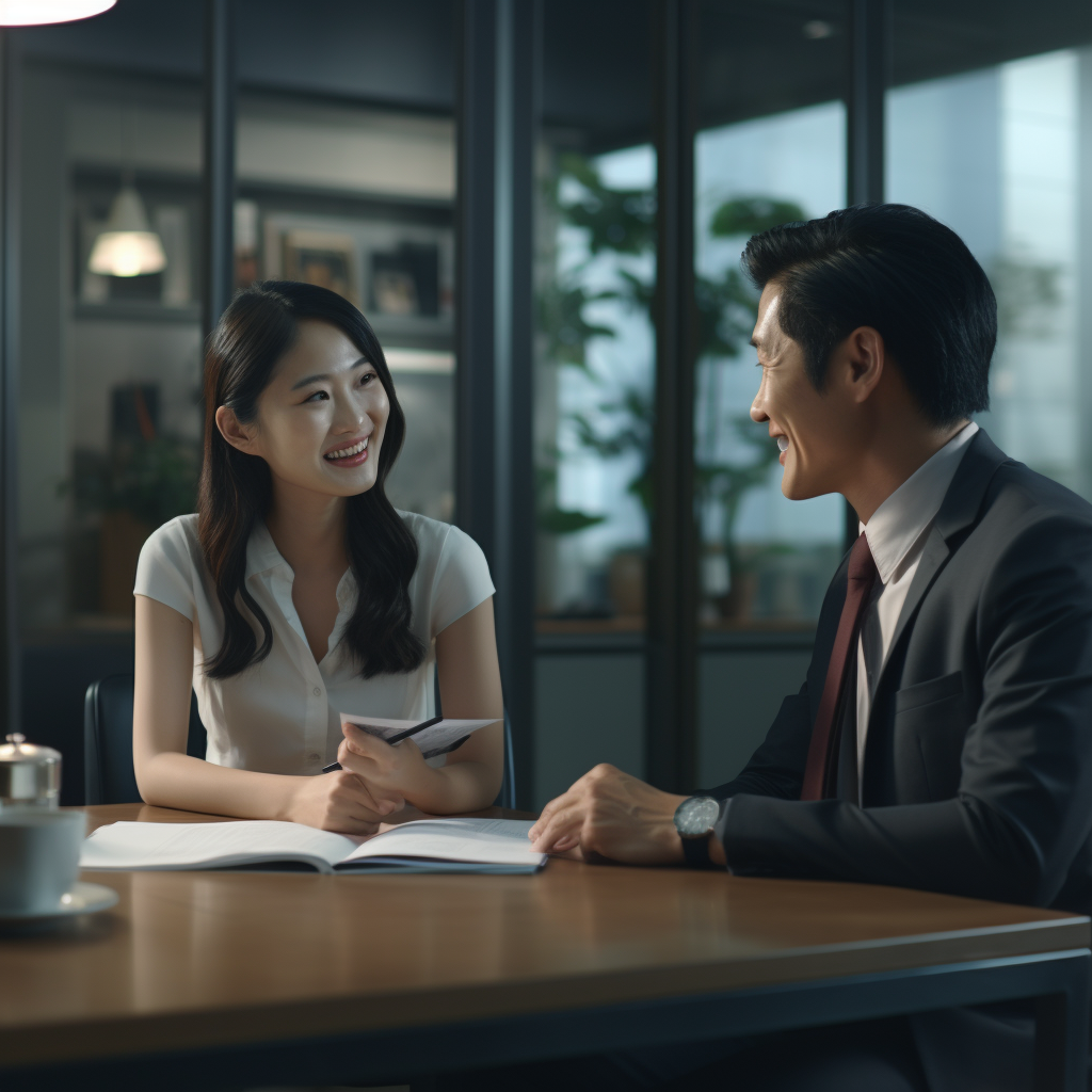 asian insurance agent meeting with client hyperrealistic 90fe24bd 9337 4f4b ad7f 5e323707efd7
