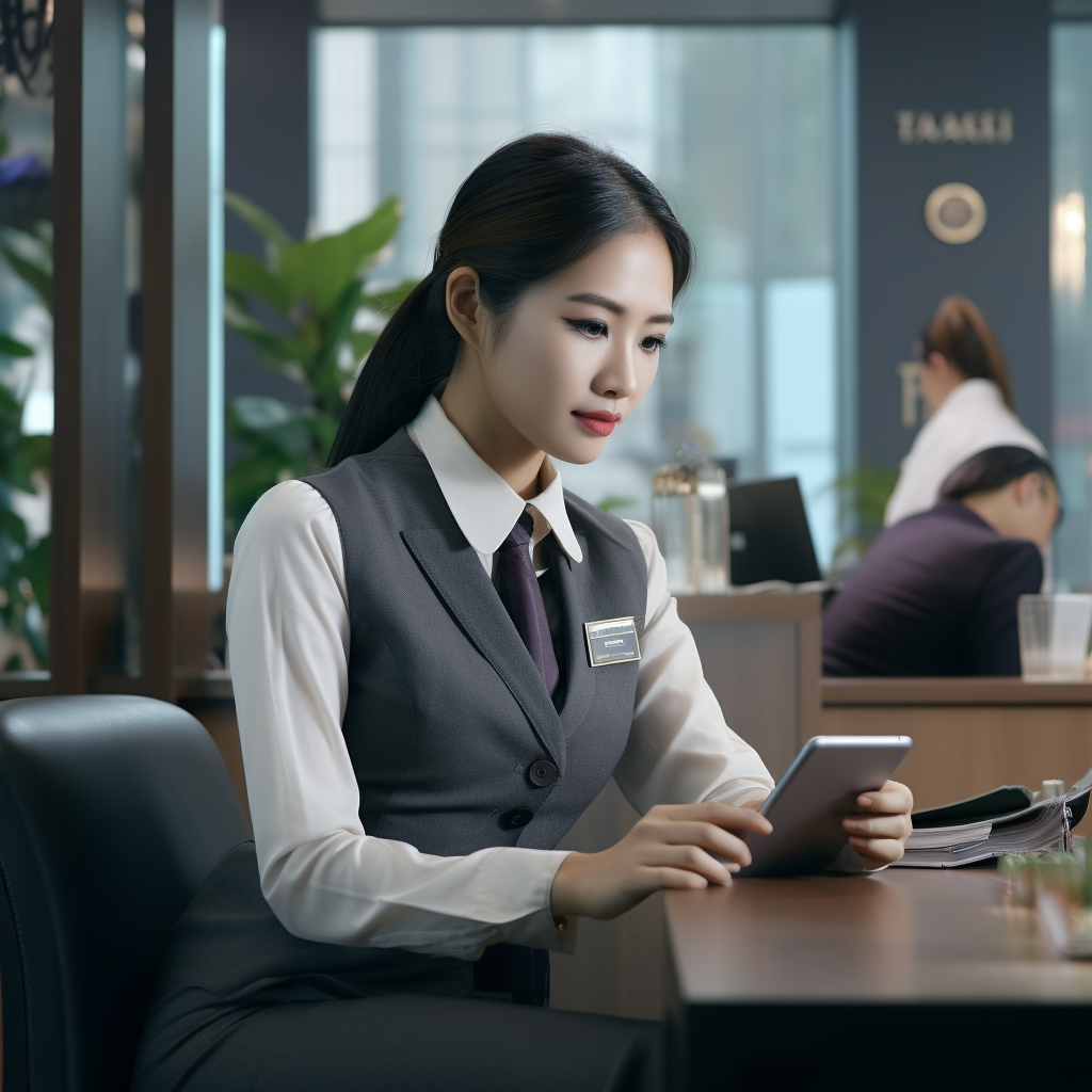 thai bank teller at a bank sitting behind their desk usi 14b97d1d 371d 4fc1 8b6d 8f7ed6443145