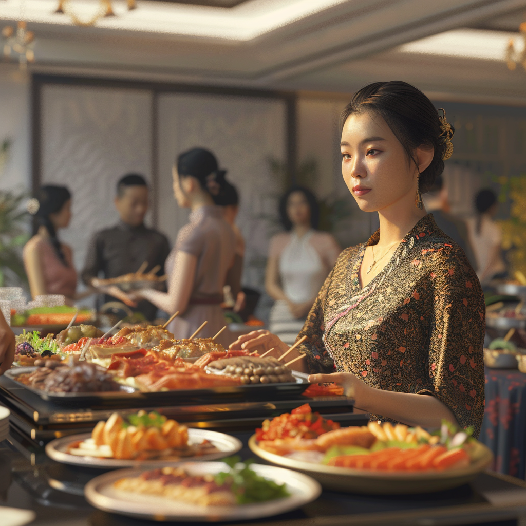 asian guest in her hotel room with a spread of delicious ea399abc 50e7 4741 baa9 8e9e8fbd0e48
