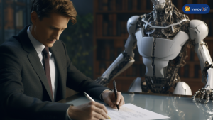 The Role of Artificial Intelligence in Document Authentication feature image -- man signing a piece of document, being supervised by an artificial intelligence robot