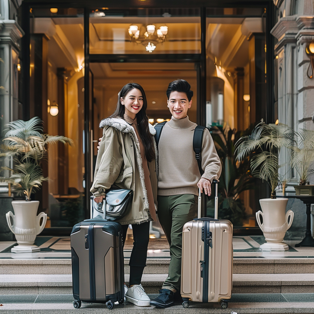 asian hotel guests smiling with their luggage outside a 44477548 fc69 43d5 b4bd d821d6af568a