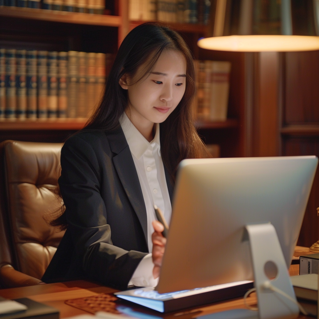 asian lawyer looking at phone in one hand while using a 144b06d7 d9ae 46b3 aeb9 5150b134b1ee