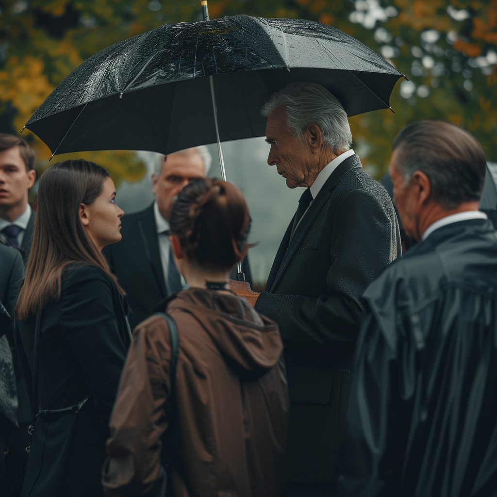 lawyer holding umbrella speaking with grieving family at d1ca76bc 0bca 4960 adf4 fb961f68cec8