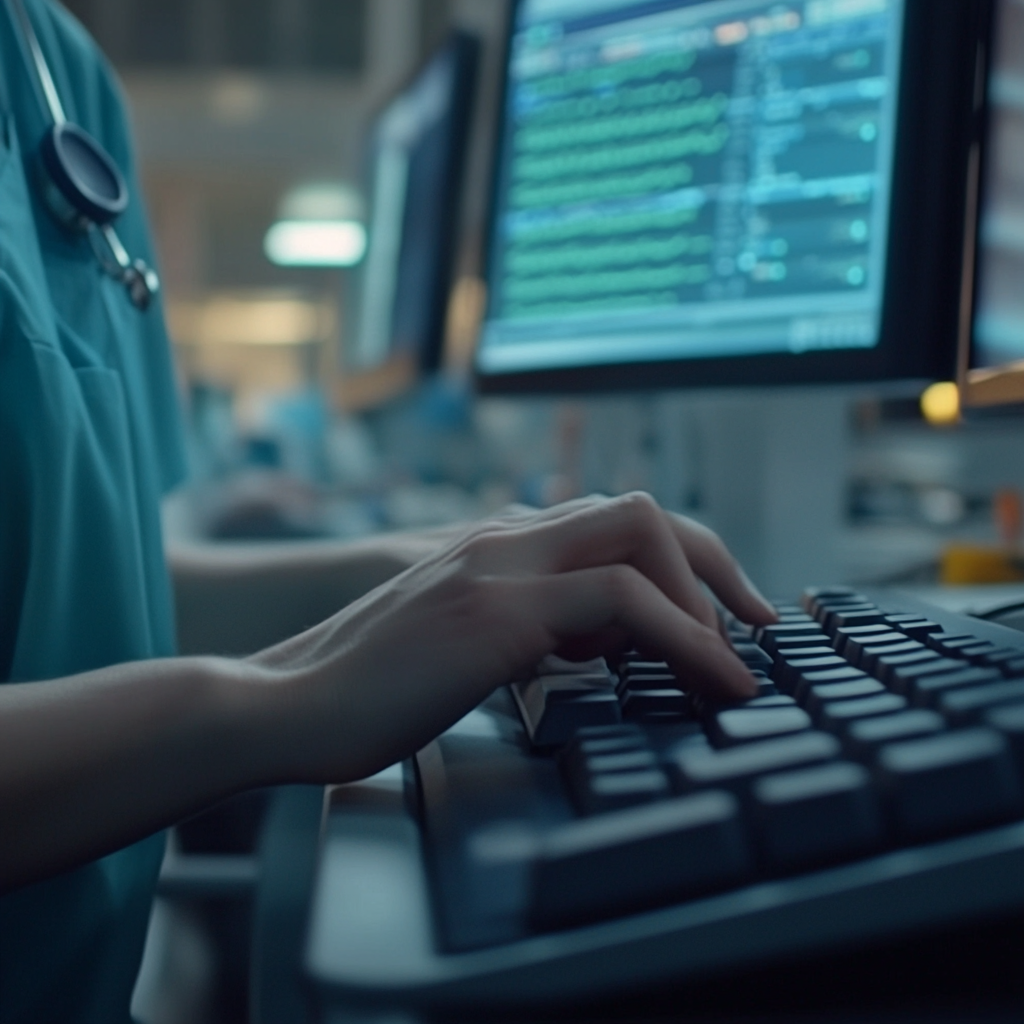 innov8tifmarketing nurse typing on computer in hospital close u 80777bd6 ae2c 4baa 8172 3471f90b4811