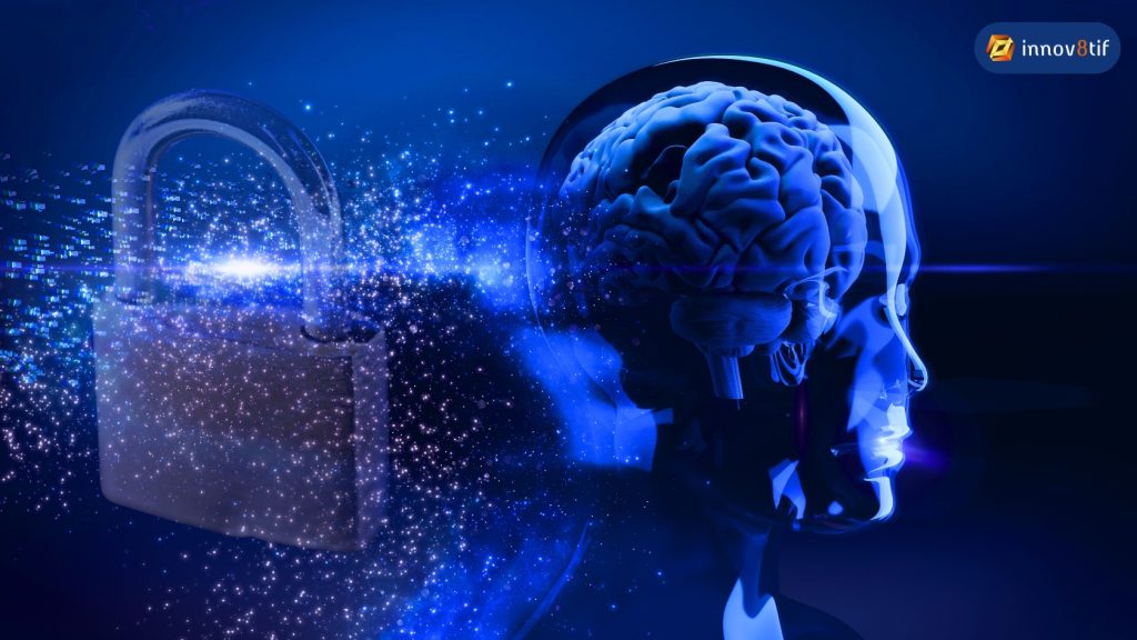 A digital illustration showing a glowing human brain inside a transparent head, with particles forming a padlock symbol, representing AI-powered security and fraud prevention.